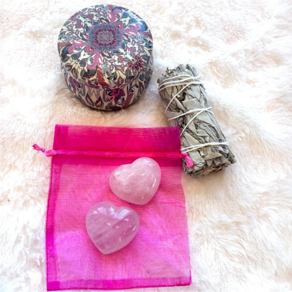 ✨ Spiritual Cleansing Gift Set – Rose Quartz Hearts, Sage, Fig Soy Candle | New - Picture 2 of 2